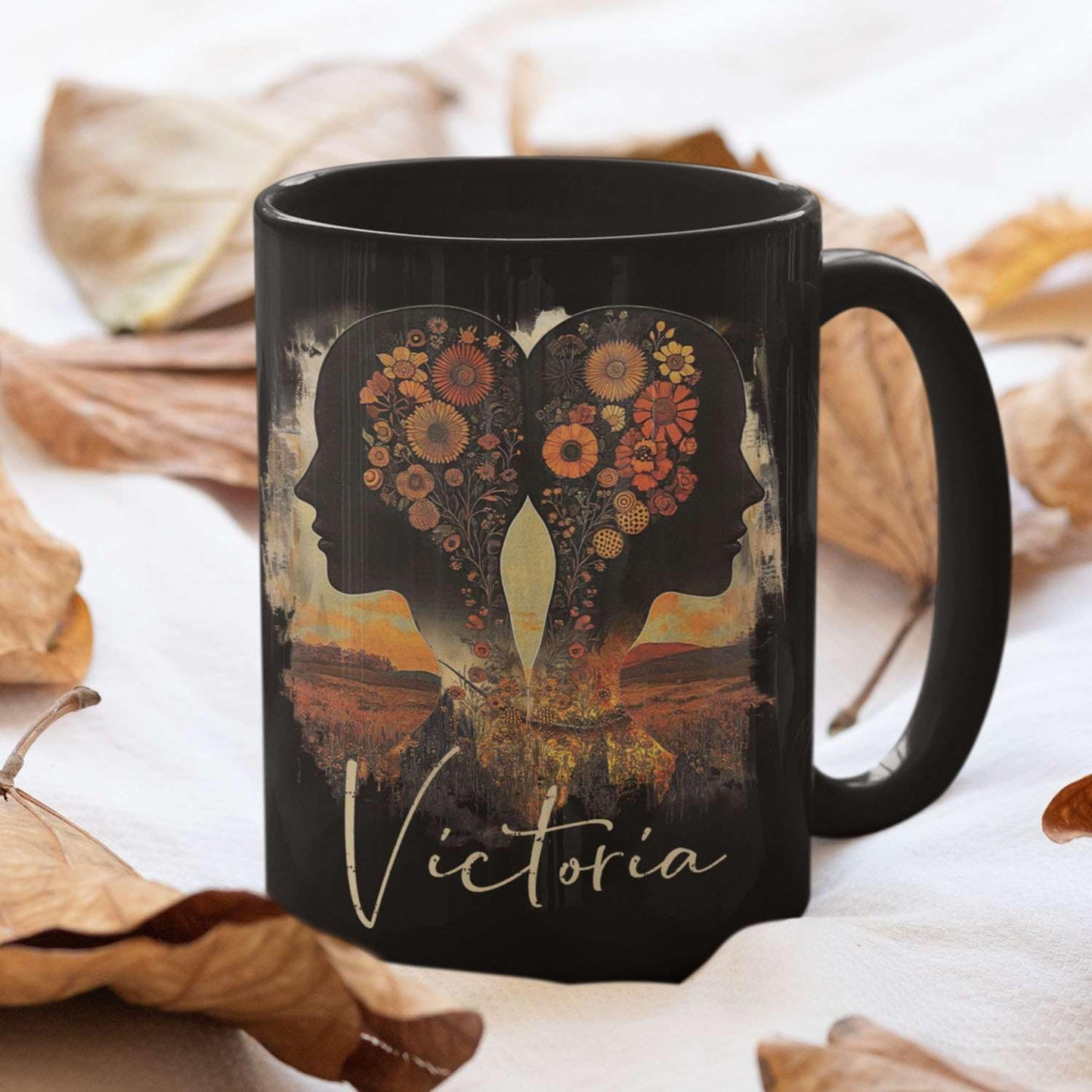 Personalized Autumn Landscape Black Cup, Custom Name Coffee Mug 11oz 15oz, Custom Floral Silhouette Ceramic Cup, Gifts for Women, Zodiac Inspired Coffee Mug, Gifts for Birthday