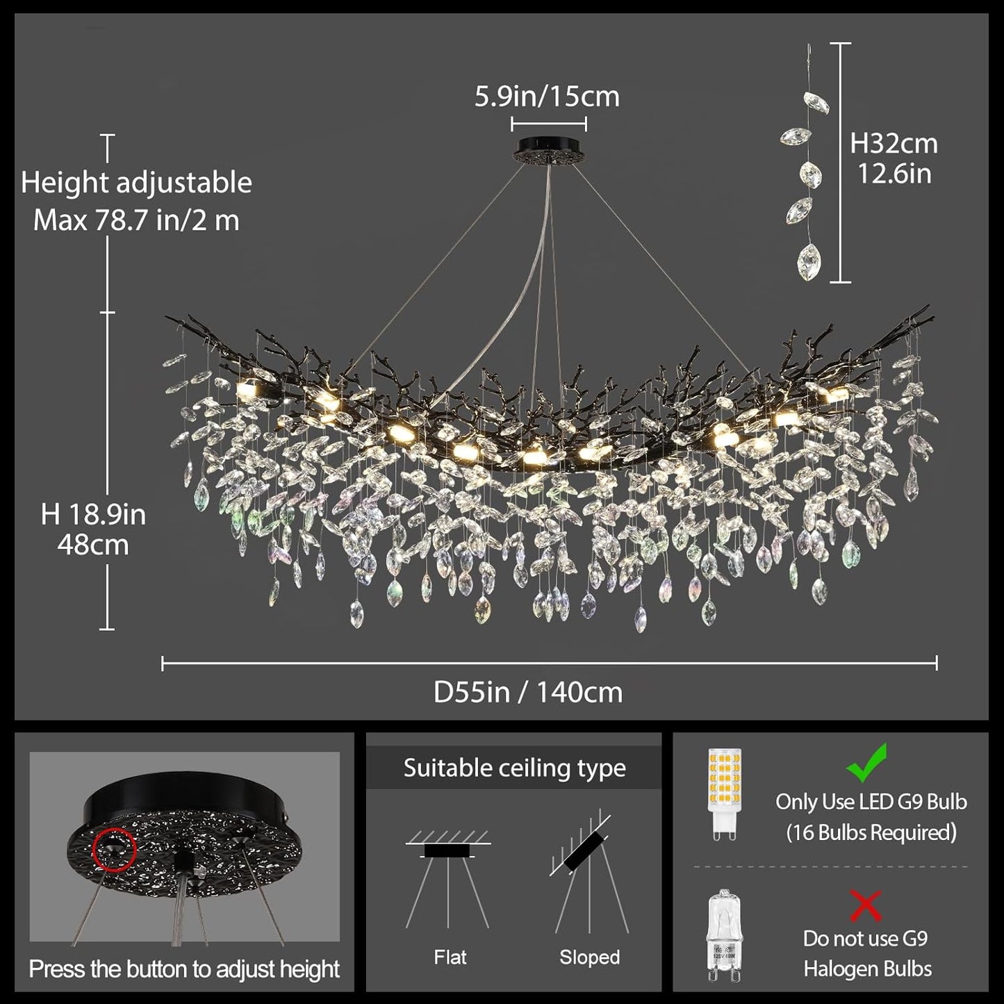 Modern Black Rectangle Crystal Tree Branch Chandelier, 55" 16-Light K9 Crystal Chandeliers for Dining Room, Rectangular Dining Room Chandelier Over Table,for High Ceiling,Kitchen