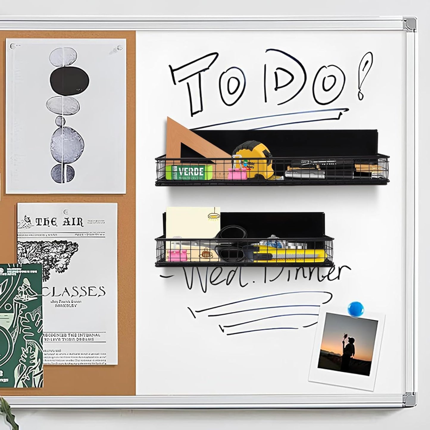 Magnetic Storage Basket, Magnetic Shelf for Fridge,Magnetic Spice Rack Wire Mesh Magnetic Organizer Holder Accessories for Office Kitchen Classroom Storage, Black-Short, Large x1&Small x1 Set of 2