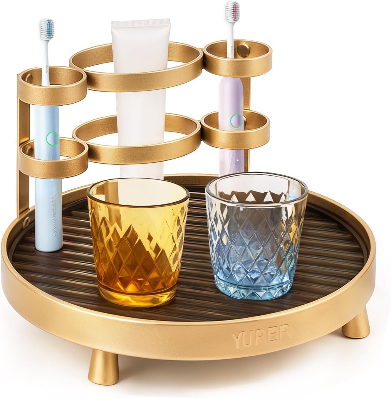 YUPER Bathroom Counter Organizer, Round Bathroom Organizers and Storage with Toothbrush Holder, Makeup Storage Vanity Tray Perfume Organizer, Bedroom Corner Counter Storage Sink Shelf Gold