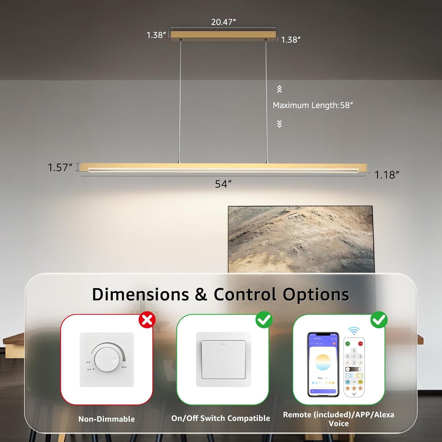 40W Gold Linear Pendant Light Aluminum, 54" Dimmable Kitchen Island Lighting with Remote & App Control, Adjustable CCT (3000K-6000K), Dining Room Chandelier for Home Office Study