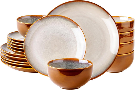LeRatio Ceramic Dinnerware Sets for 6,18-Piece Plates and Bowls,Handmade Reactive Glaze Dishes Set,Chip Resistant and Scratch Resistant | Oven Dishwasher & Microwave Safe,Service for 6-Kahki