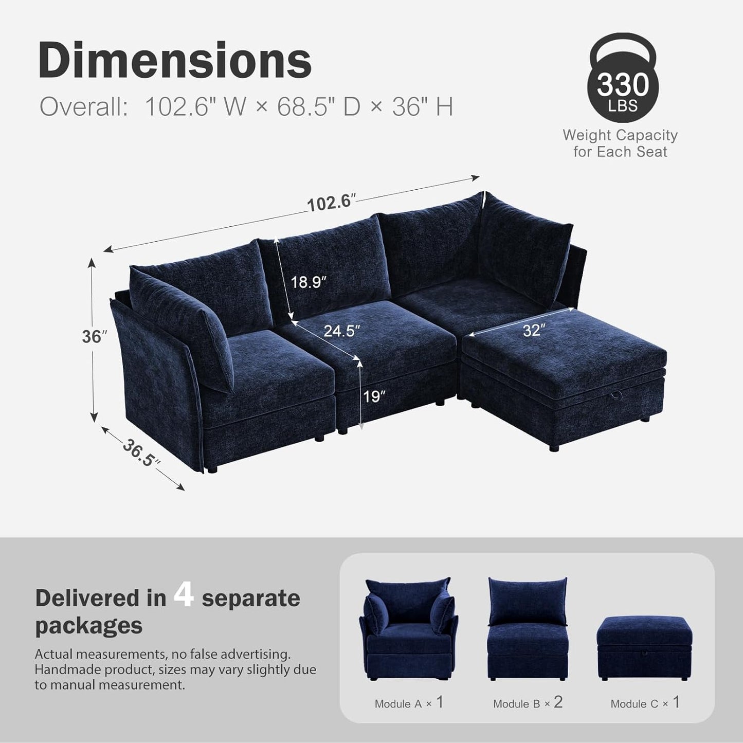 102.6" Modular Sectional Sofa, L Shaped Couch Set for Living Room, 3-Seater Comfy Cloud Couches with Movable Storage Ottoman,DIY Combination - Chenille Blue