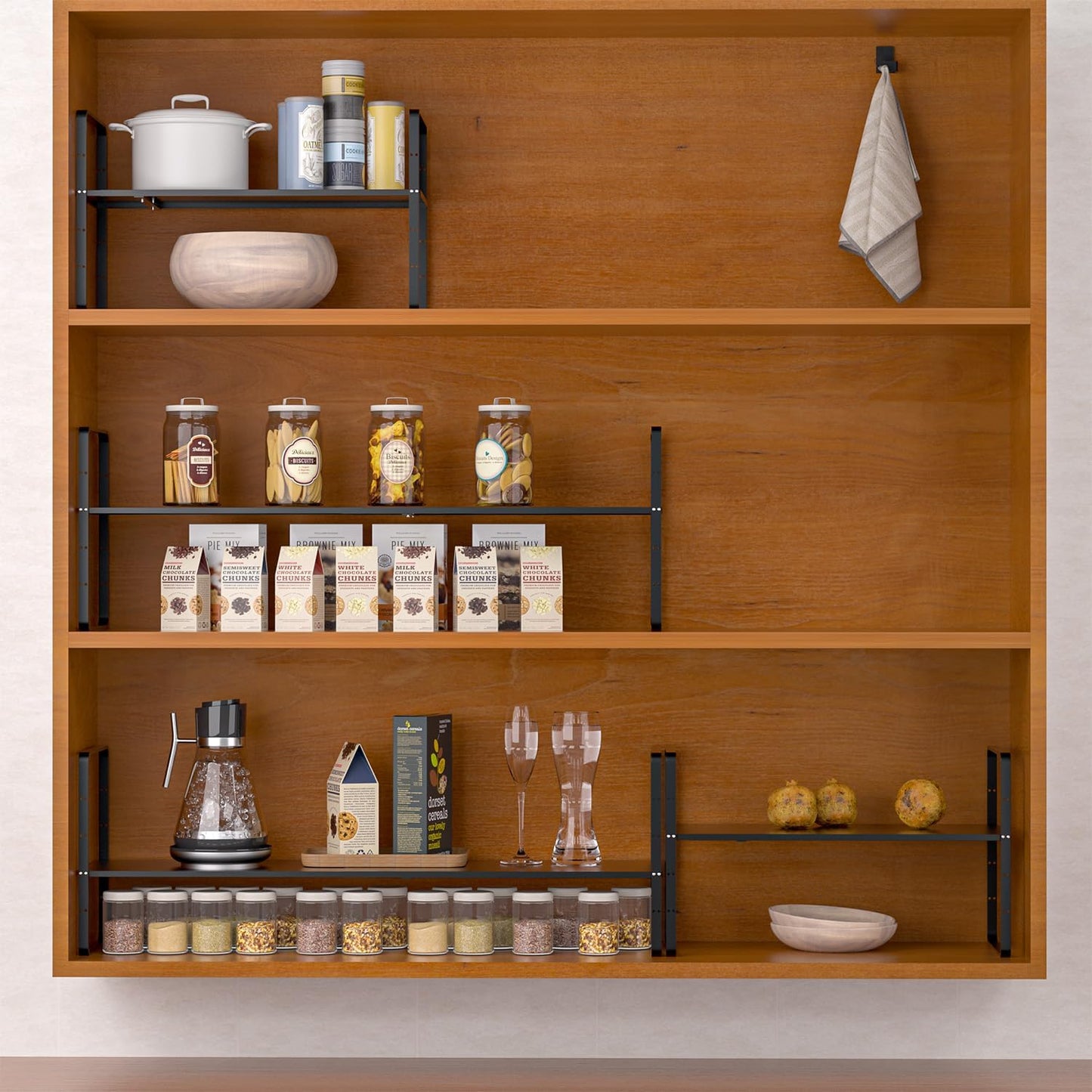 iPEGTOP Expandable Cabinet Storage Shelf Organizer Rack, Heavy Duty Steel Metal Spice Rack Adjustable Height Home Office Garage Pantry Shelf Space Riser for Counter Kitchen Organization, Black, 3 Pack