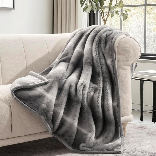 Ultra Soft Luxury Fluffy Mink Faux Fur Throw Blanket, Thick Warm Fall Winter Blankets for Bed, Couch, Cozy Plush Reversible Blanket for Chair, Sofa (Ombré Silver Onyx, 60"x80")