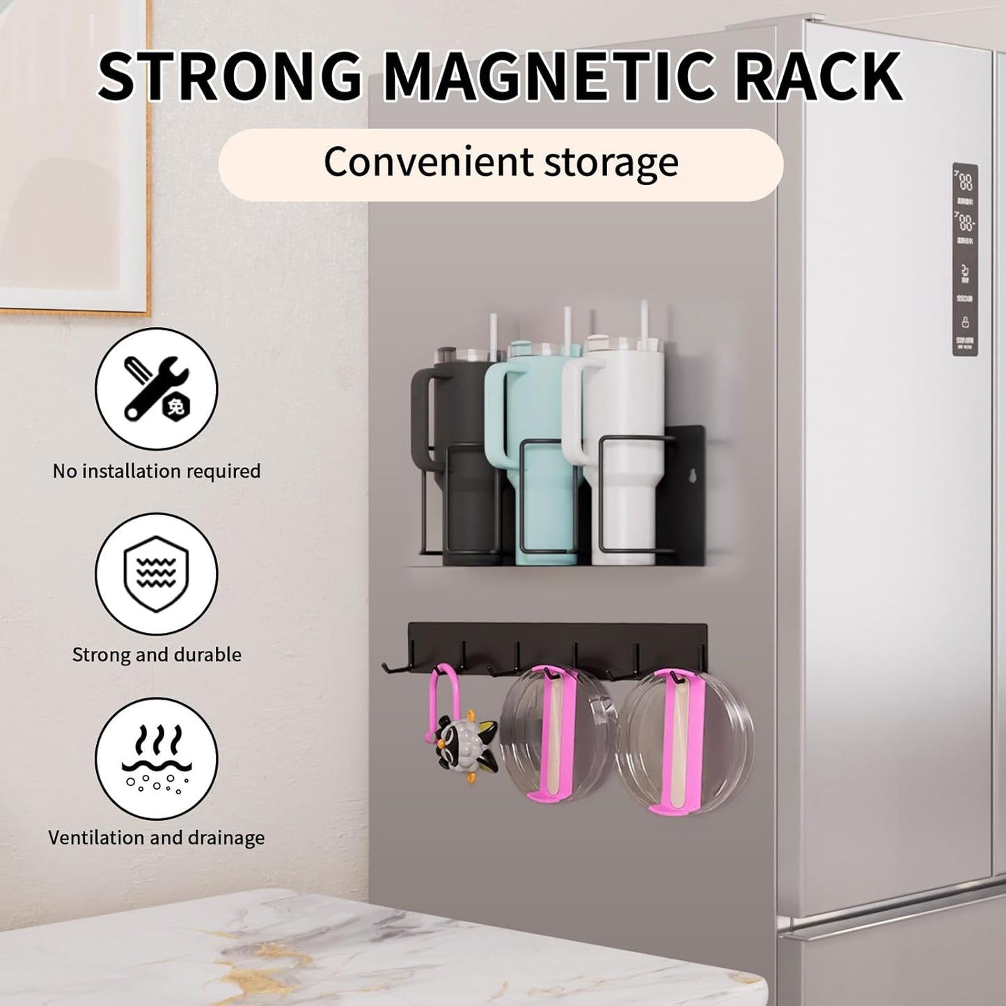 Strong Magnetic Cup Holder for Fridge, Fits Stanley 40/30/20 oz, Yeti & More, No-Drill Tumbler Organizer with Lid & Straw Storage, Kitchen & RV Space Saver(2-Piece Set)