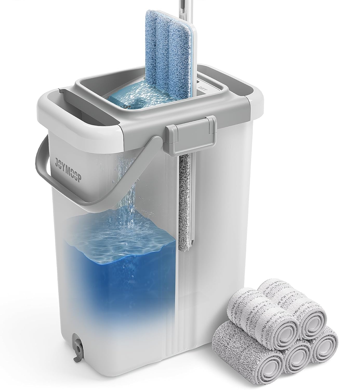 JOYMOOP Mop and Bucket with Wringer Set, Flat Squeeze Mop with Bucket (X-Large), Dust Mop for Wall Cleaner with Long Handle, Microfiber Mop - White Bucket with 5 Reusable 15" Pads