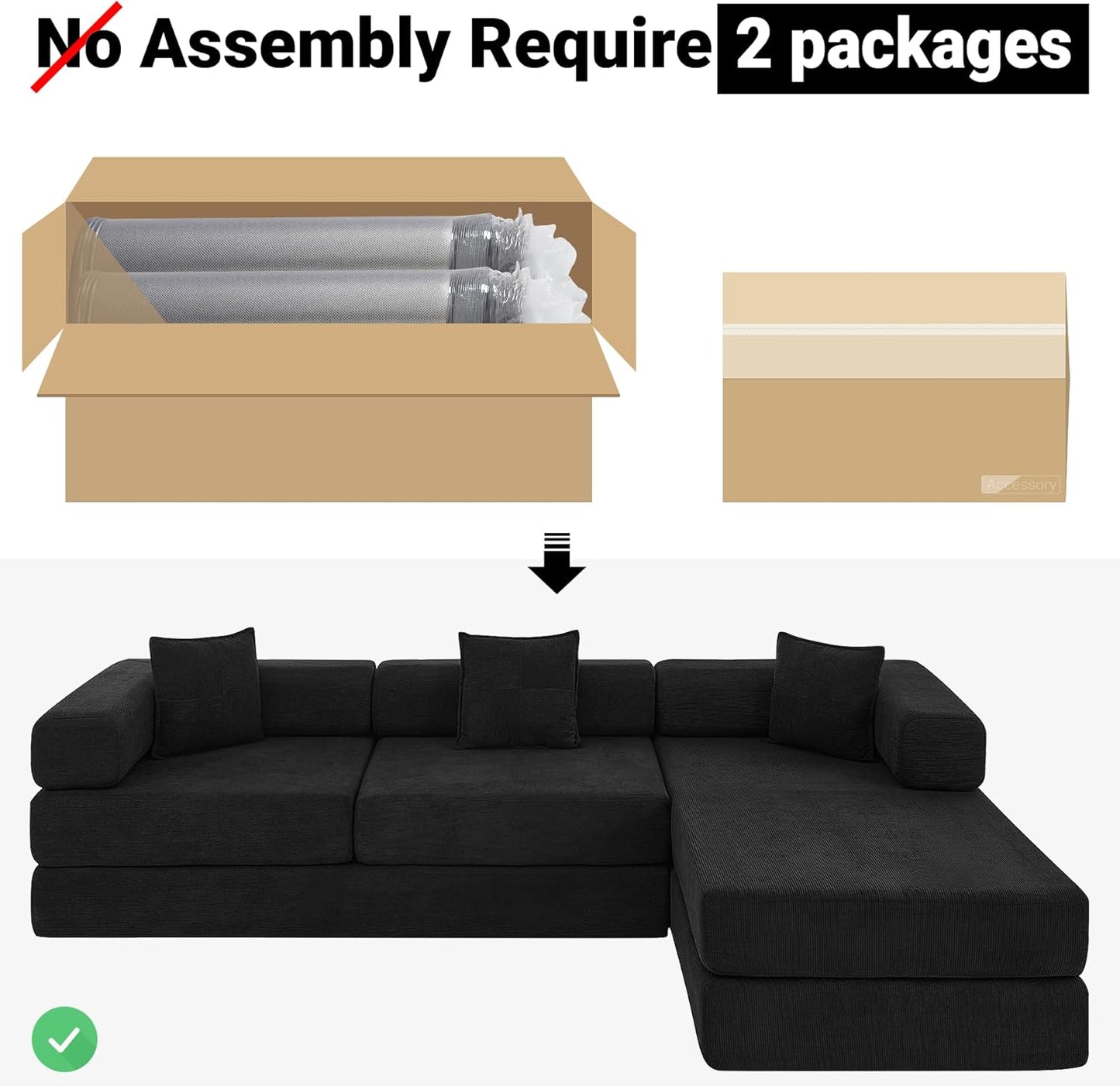 108" Oversized Convertible Sleeper Sofa Bed, Corduroy L Shape Sectional Couch, Folding Sofa Bed with Side Pocket, Modern Cloud Floor Mattress Couch, Modular Sofa for Living Room, Black