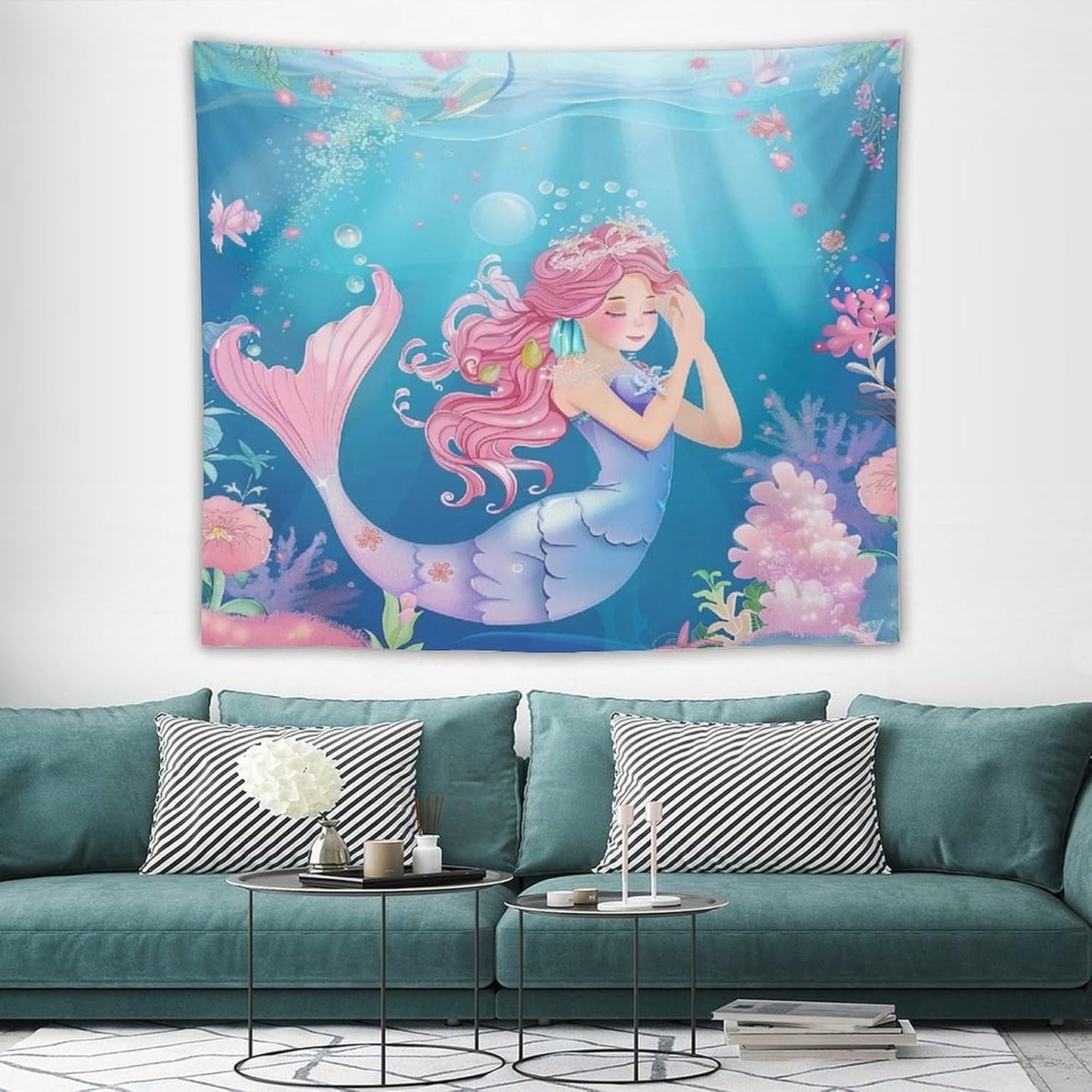 HZOHNAGO Mermaid Girls Tapestry Watercolor Flowers Mermaid Princess Blessing Pattern for Kids Room Decoration Printed Wall Tapestry Wall Hanging for Bedroom Living Room Dorm 60" W x 50" H