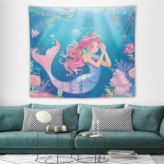 HZOHNAGO Mermaid Girls Tapestry Watercolor Flowers Mermaid Princess Blessing Pattern for Kids Room Decoration Printed Wall Tapestry Wall Hanging for Bedroom Living Room Dorm 60" W x 50" H