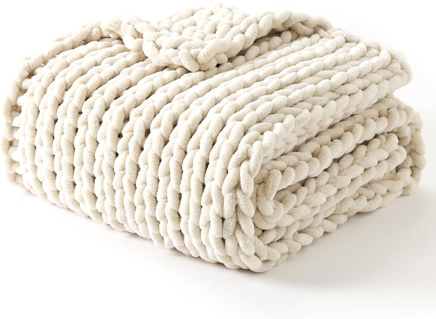 YnM Chunky Throw Blanket, Hand Knitted with Chenille Yarn, Skin Friendly, Ventilated and Breathable, Machine Washable, Home Décor Piece for Couch, Sofa and Bed (Butter Cream, 50x60 Inch)