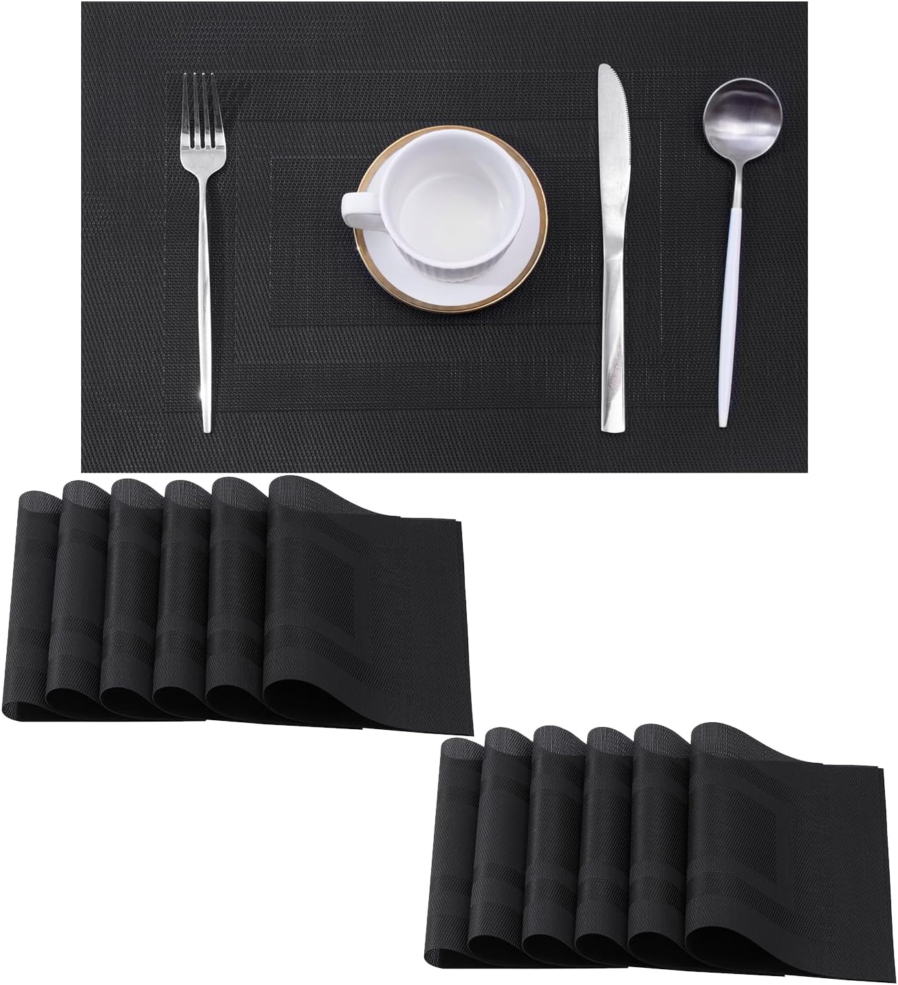 Leetaltree Black Frame Placemats Set of 12 - Heat Resistant Non-Slip Place mats for Dining Table, Washable Durable PVC Vinyl Woven Table Mats（Black Frame, 12）