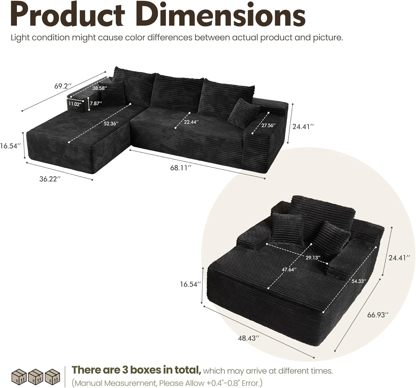 HOOOWOOO Cloud Sectional Couches for Living Room,Modular Sectional Sofa No Assembly,Plush Corduroy Large Floor Couch Furniture Set with Deep Seat Right L Shape and Chaise Lounge(Black)