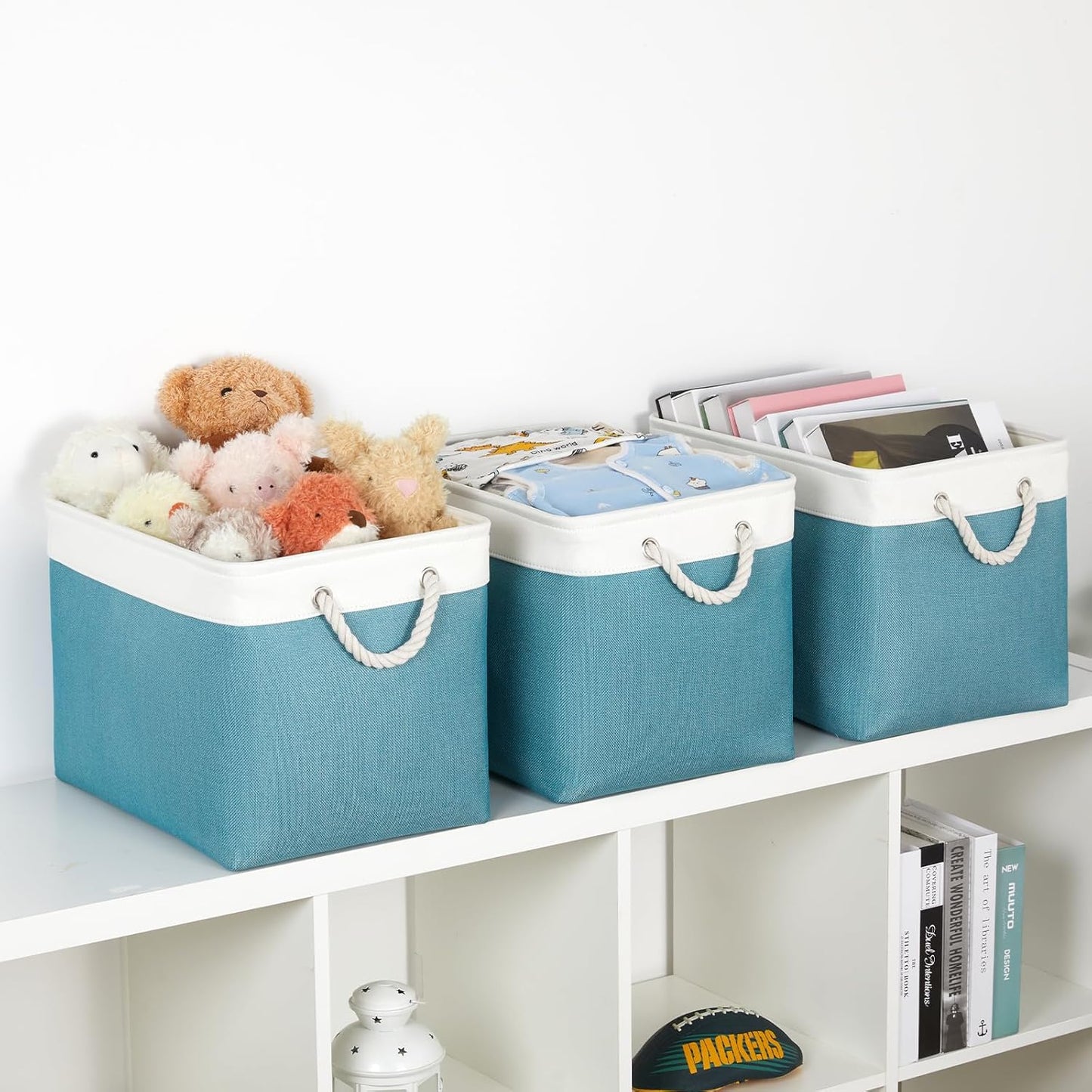 Bidtakay Large Storage Baskets for Shelves 3 Pack 16x11.8x11.8 Inch Storage Bins for Organizing Fabric Storage Cubes for Closet Clothes Basket Laundry-White&Teal