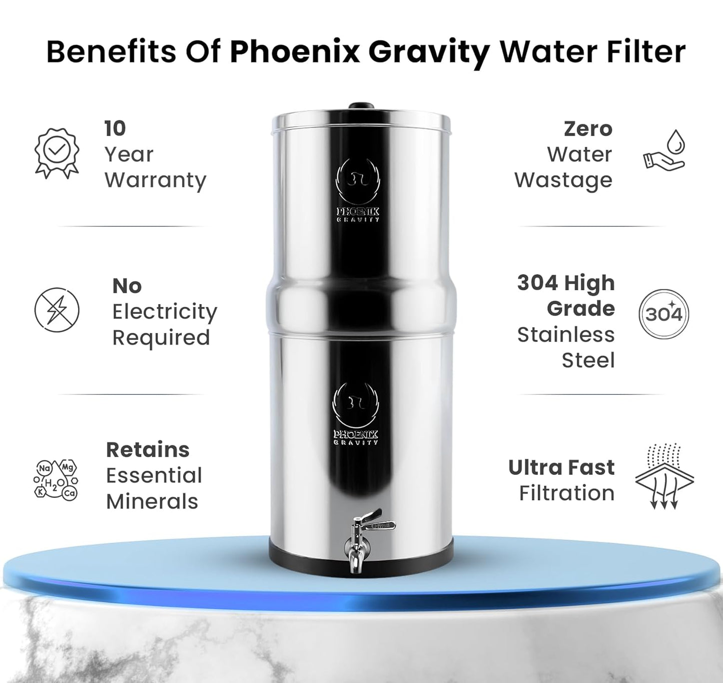 1.5 Gallons NSF Certified AISI 304 Stainless Steel Water Filter with 2 Smart Carbon (Black) Filters, 2 POSTreat Steel Fluoride Removal Elements & Free Stainless Steel Spigot