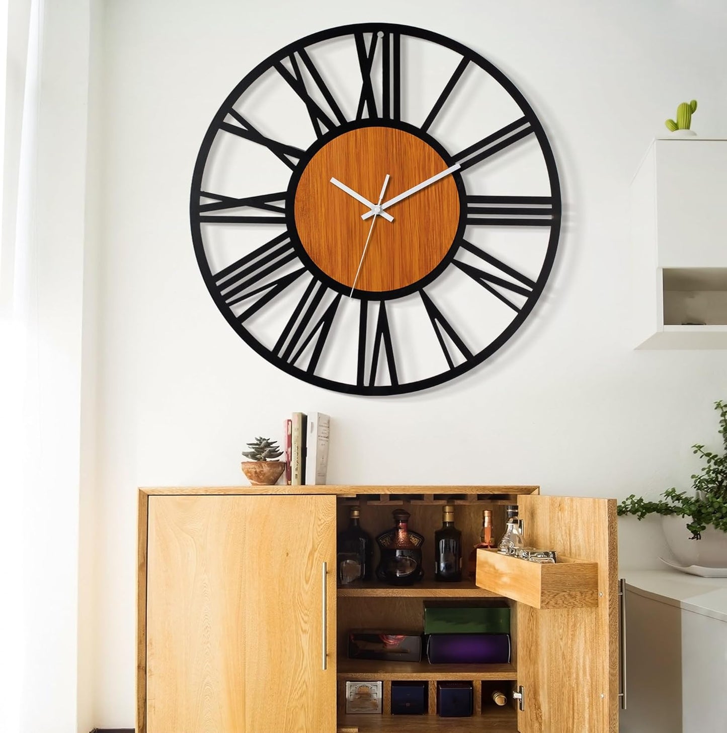 LEIKE 30" Oversized Large Wall Clocks,Silent,Non Ticking,Battery Operated Modern Round Big Wood Decorative Metal Wall Clock for Living Room, Bedroom,Kitchen,Farmhouse,Office Decor - Black,30 Inch