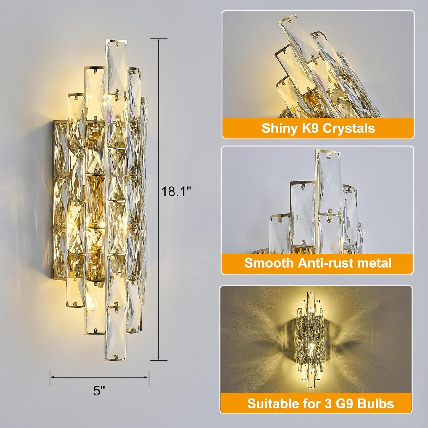 Modern Gold Crystal Wall Sconce Light Fixtures, Wall Mount Lamps for Bedroom Living Room Bathroom Vanity Mirror