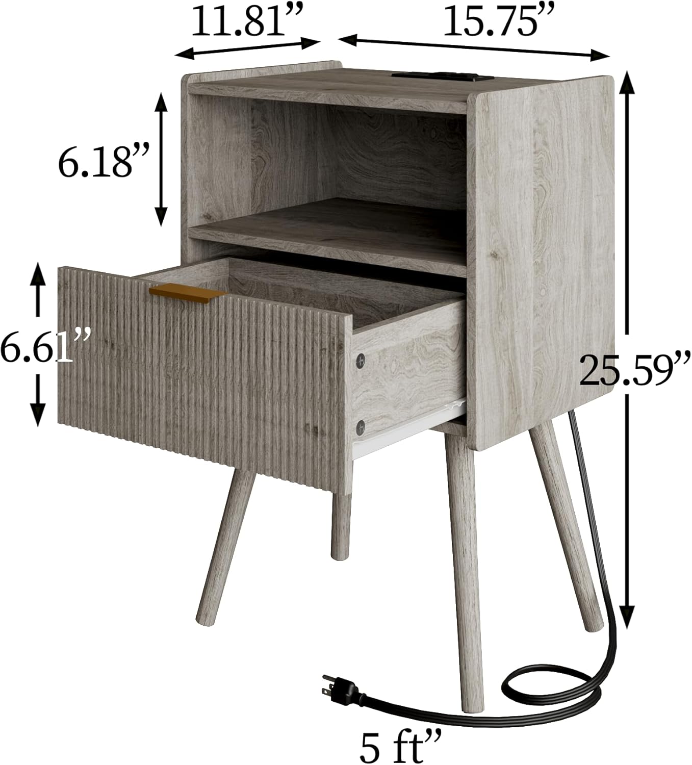 Nightstand,Modern Bedside Table with Storage Drawer and Open Wood Shelf, Accent Night Stand with Solid Wood Legs for Living Room, Bedroom and Small Spaces,Easy Assembly (Grey Oak-Outlet)