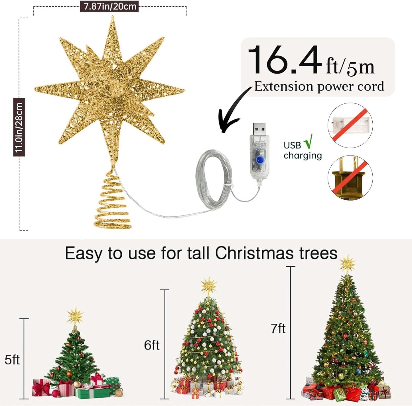 Christmas Star Tree Topper Gold, Tree Topper Star with Warm White 50 LED Light Beads for Home Holiday Xmas Tradition Moravian Decor, Timer Function 5m Cable