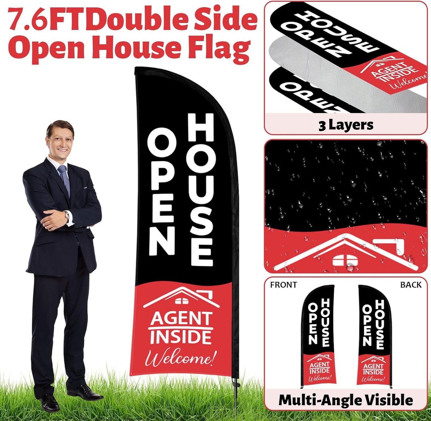 44 Pcs Open House Signs for Real Estate, Double Sided Open House Flag Kit, 7.6 x 5.4 Ft Black Banner Flag Poles Set for Outside, Directional Arrows Sign Stakes Balloons for Open House Supplies