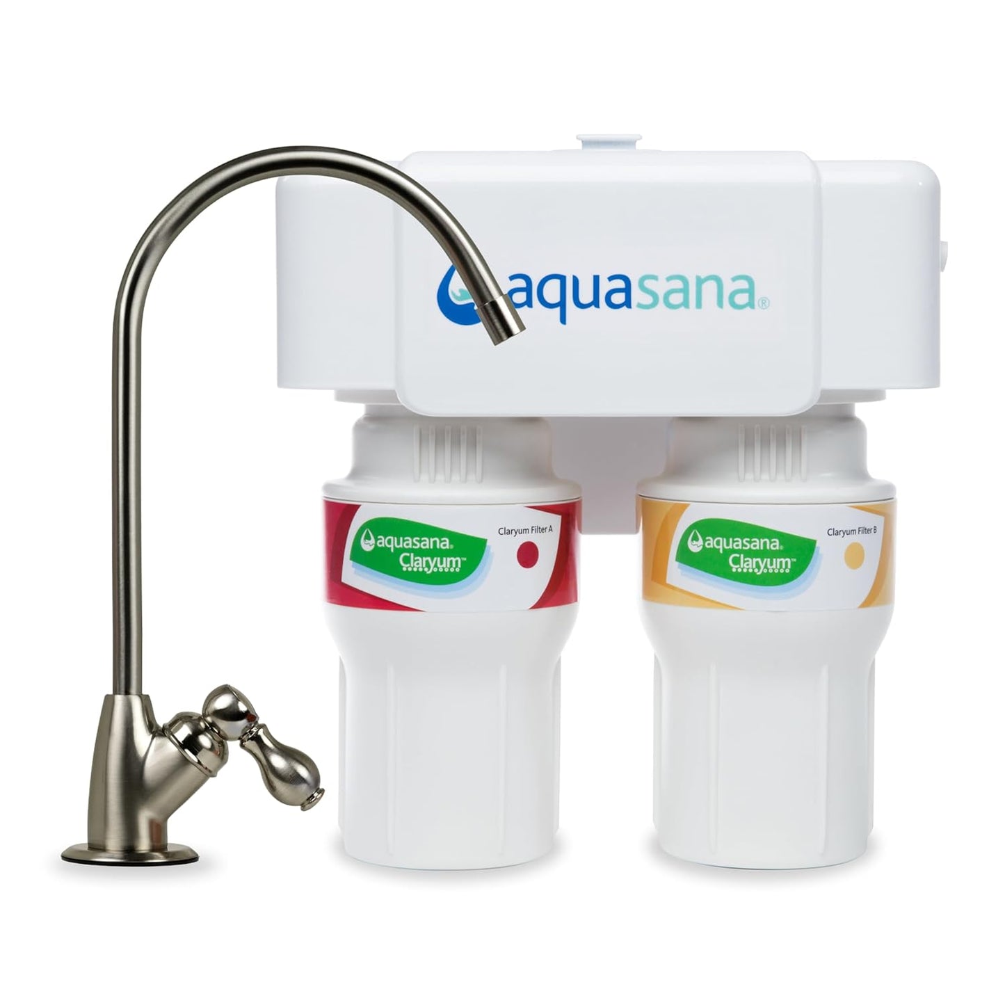 Aquasana Under Sink Water Filter System - Reduces PFAS, Lead, & Chlorine in Drinking Water - Under Counter Claryum Filtration for Kitchen - 2-Stage - Brushed Nickel Faucet - AQ-5200.55