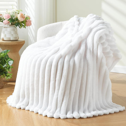 NEWCOSPLAY Super Soft Twin Blanket White Premium Silky Flannel Fleece 3D Ribbed Jacquard Lightweight Bed Blanket All Season Use (White Ribbed, Twin(60"x80"))
