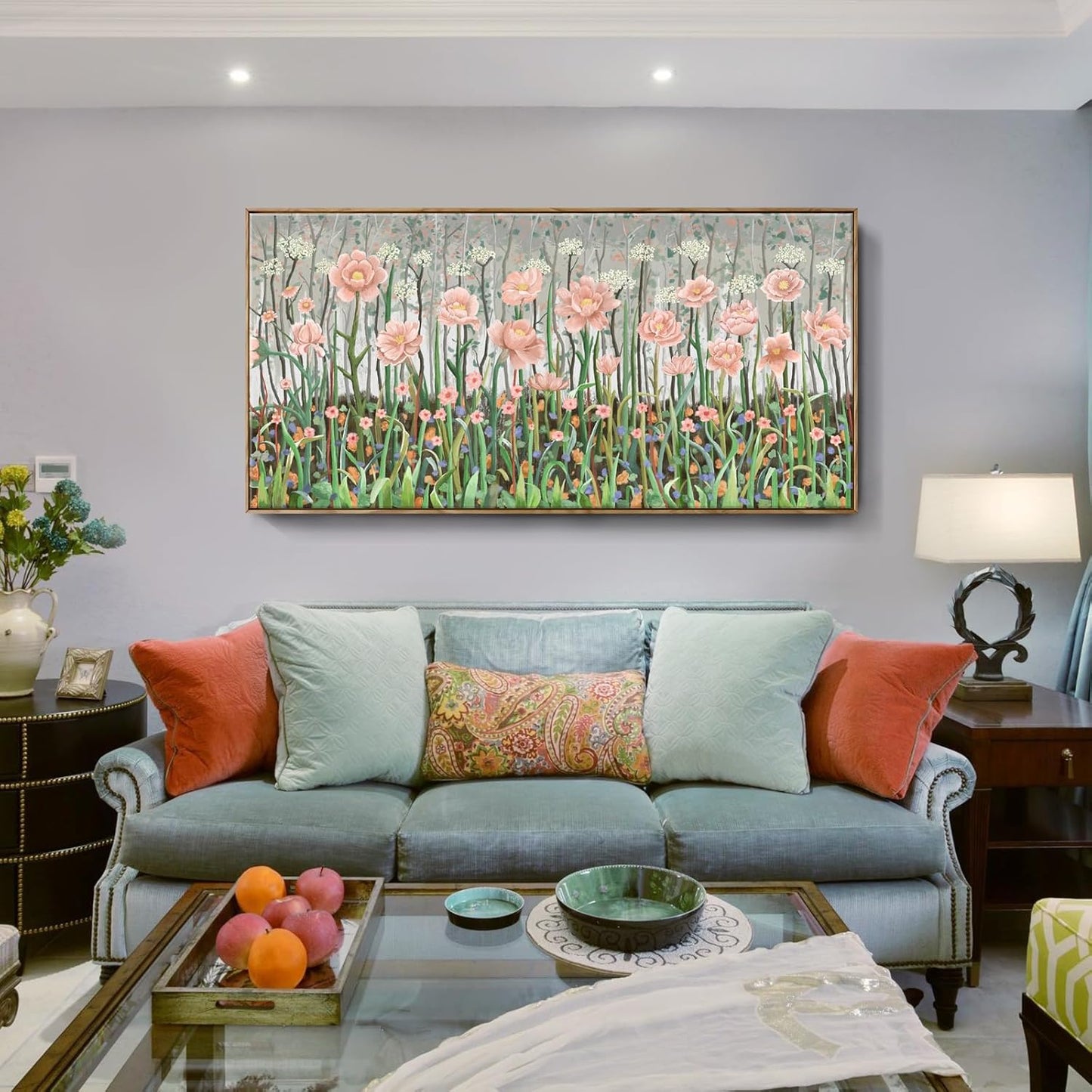 amatop Framed Oversized Floral Canvas Wall Art Canvas Print Modern Botanical Flower Field Rustic Wall Decor Abstract Nature Blooming Wildflower Pale Pink Green Artwork for Living Room Bedroom Office 58x29 in