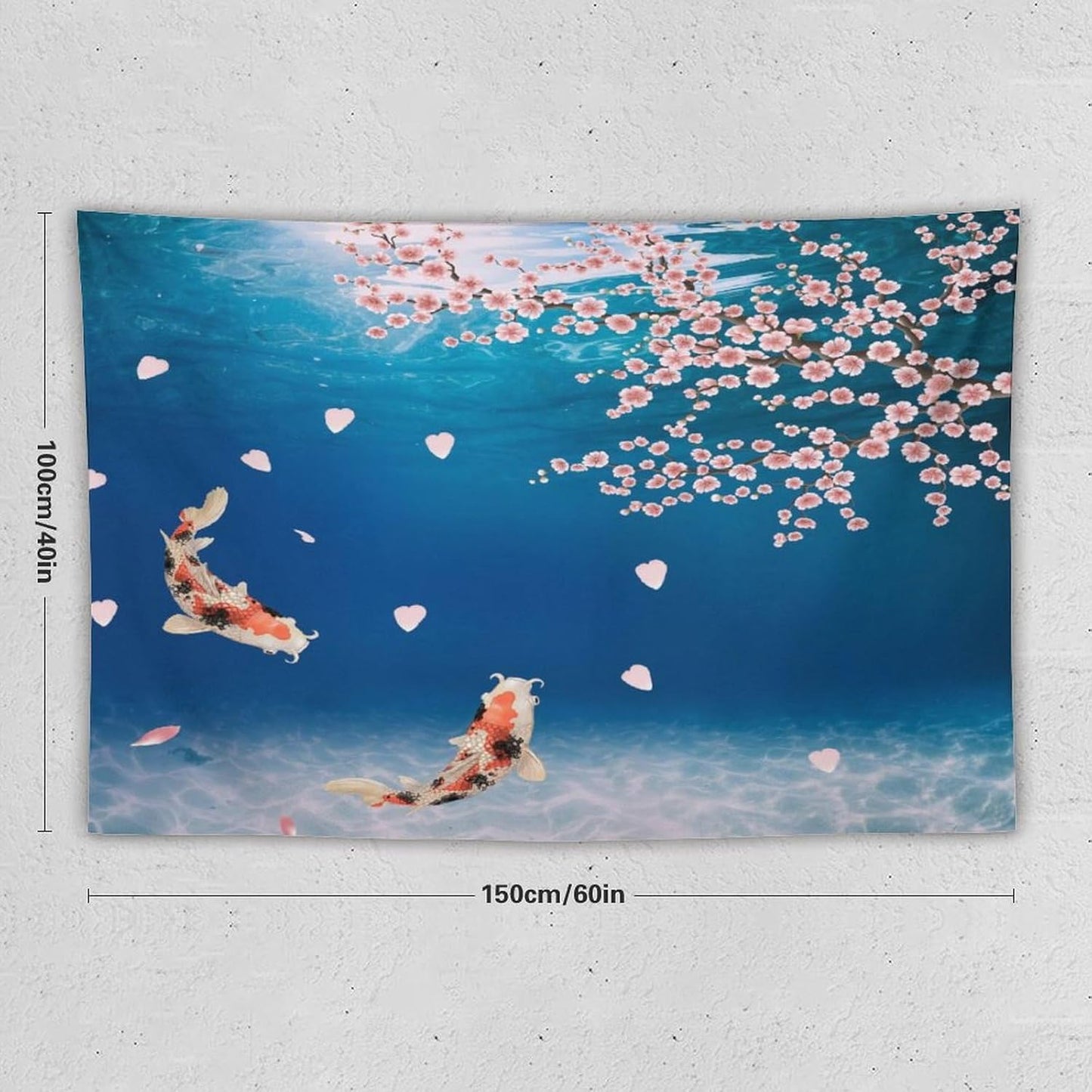 Japanese Koi Fish Tapestry, Cherry Blossoms Asian Oriental Blue Floral Branch Koi Fish Carp Tapestries Wall Hanging for Bedroom Living Room Office Decor 60"x40"