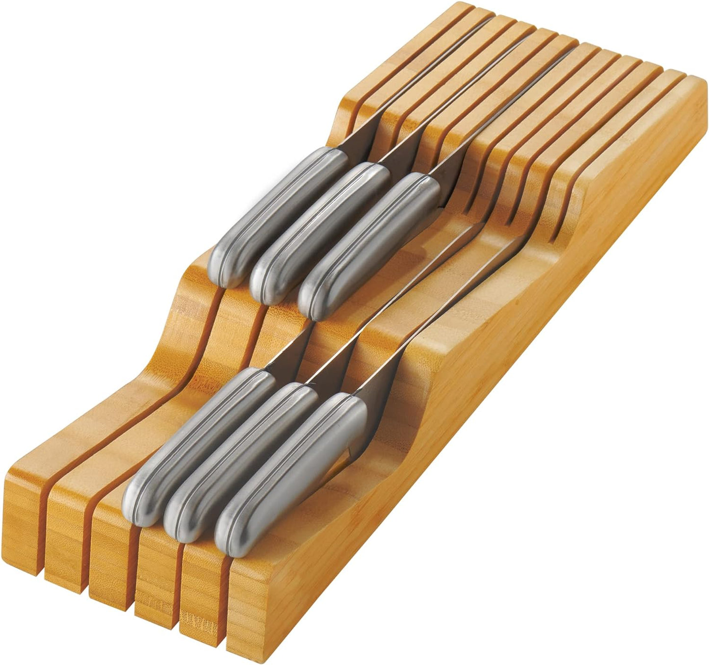 In-Drawer Knife Block - Bamboo Knife Drawer Organizer for Kitchen - Fits 5 Long + 6 Short Knives - Store Knives with Blades Pointing Down - Wooden Steak knife Holder without Knives - Chef Gift Idea