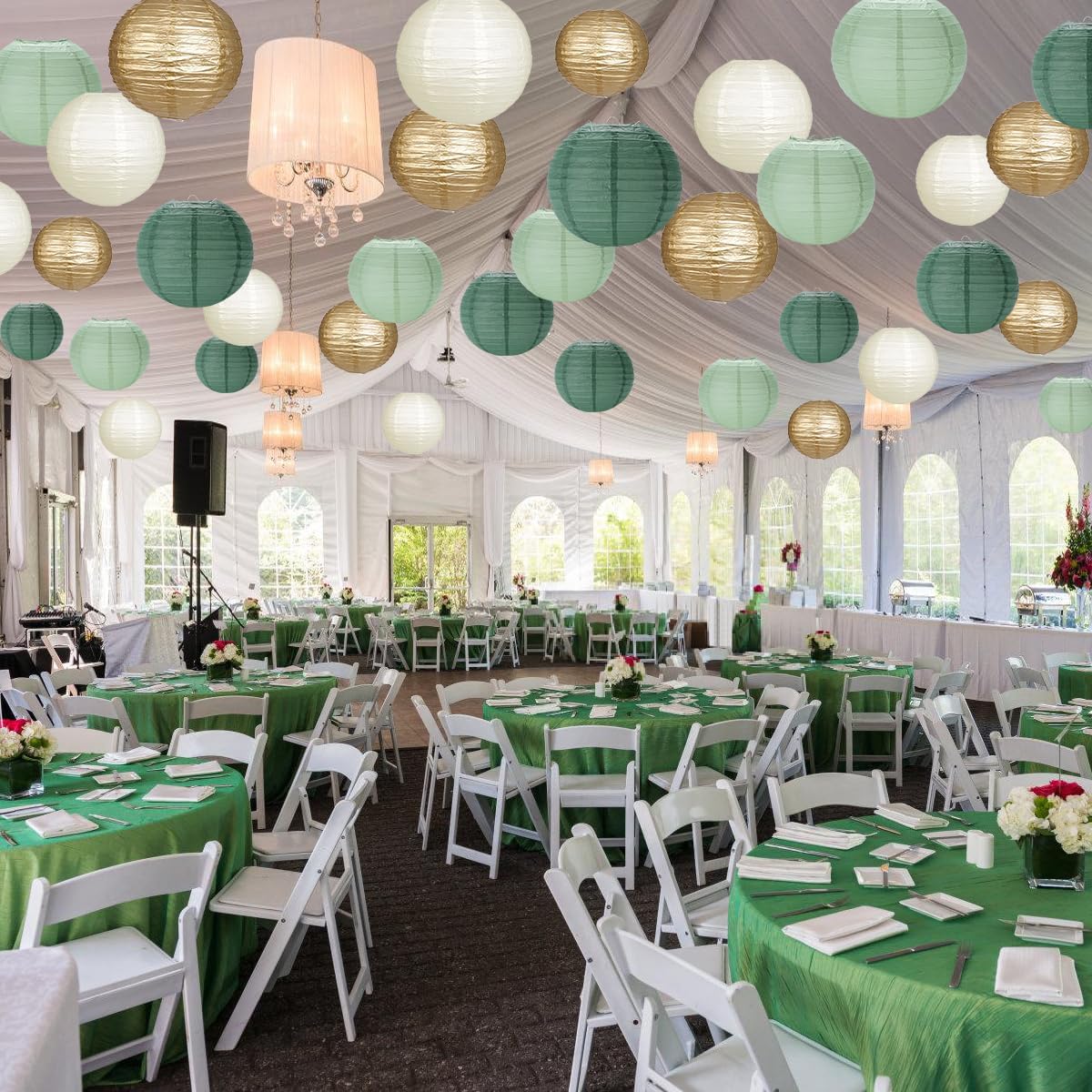 Paper Lanterns Sage Green Gold Round Hanging Chinese Lanterns for Birthday Party Baby Shower Bridal Shower Decorations Pack of 12