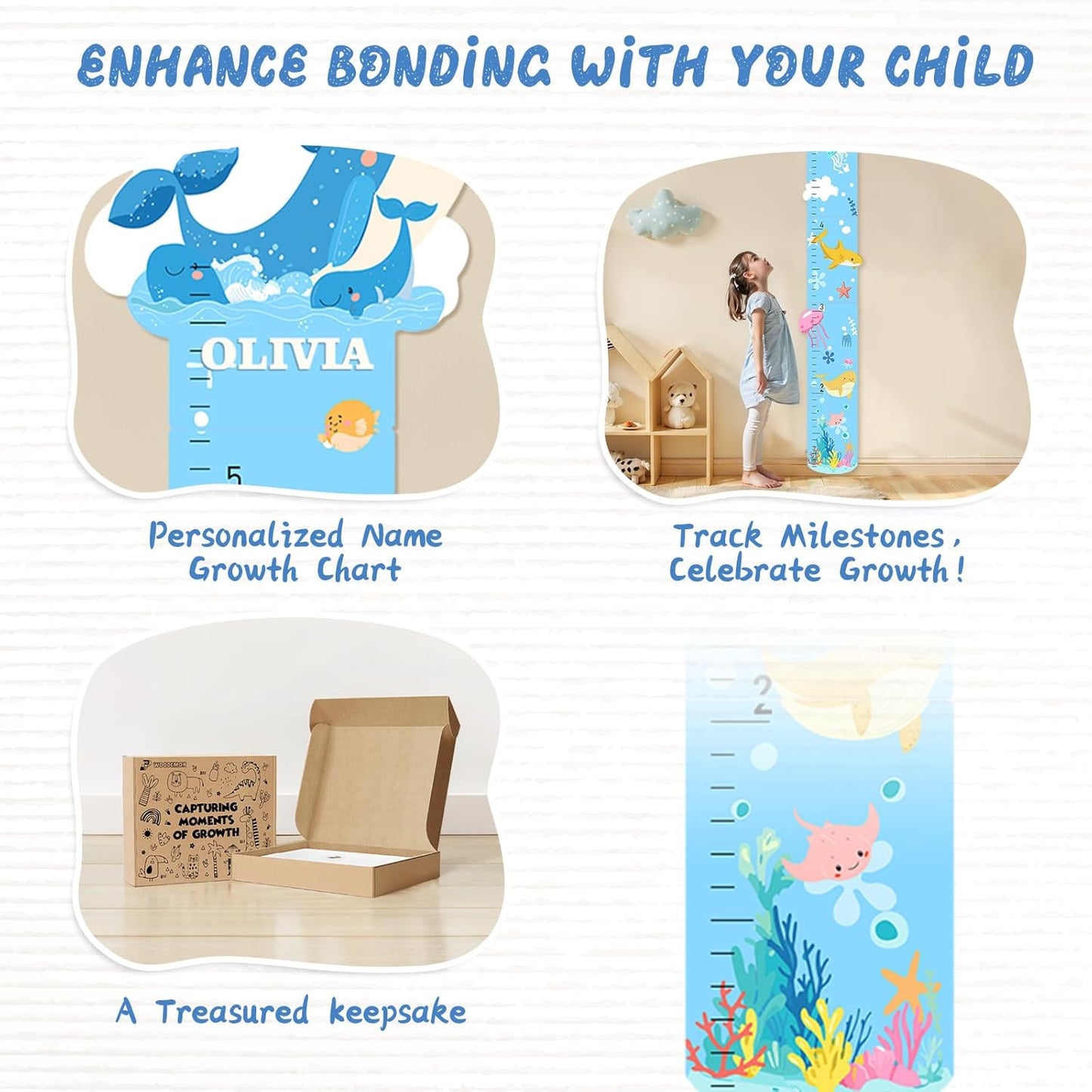 Personalized Name Growth Chart, Marine Animals Wooden Growth Chart for Kids, Height Chart for Boys Girls, Measuring Board for Kids Height for Child's Room, Nursery Decor Decoration