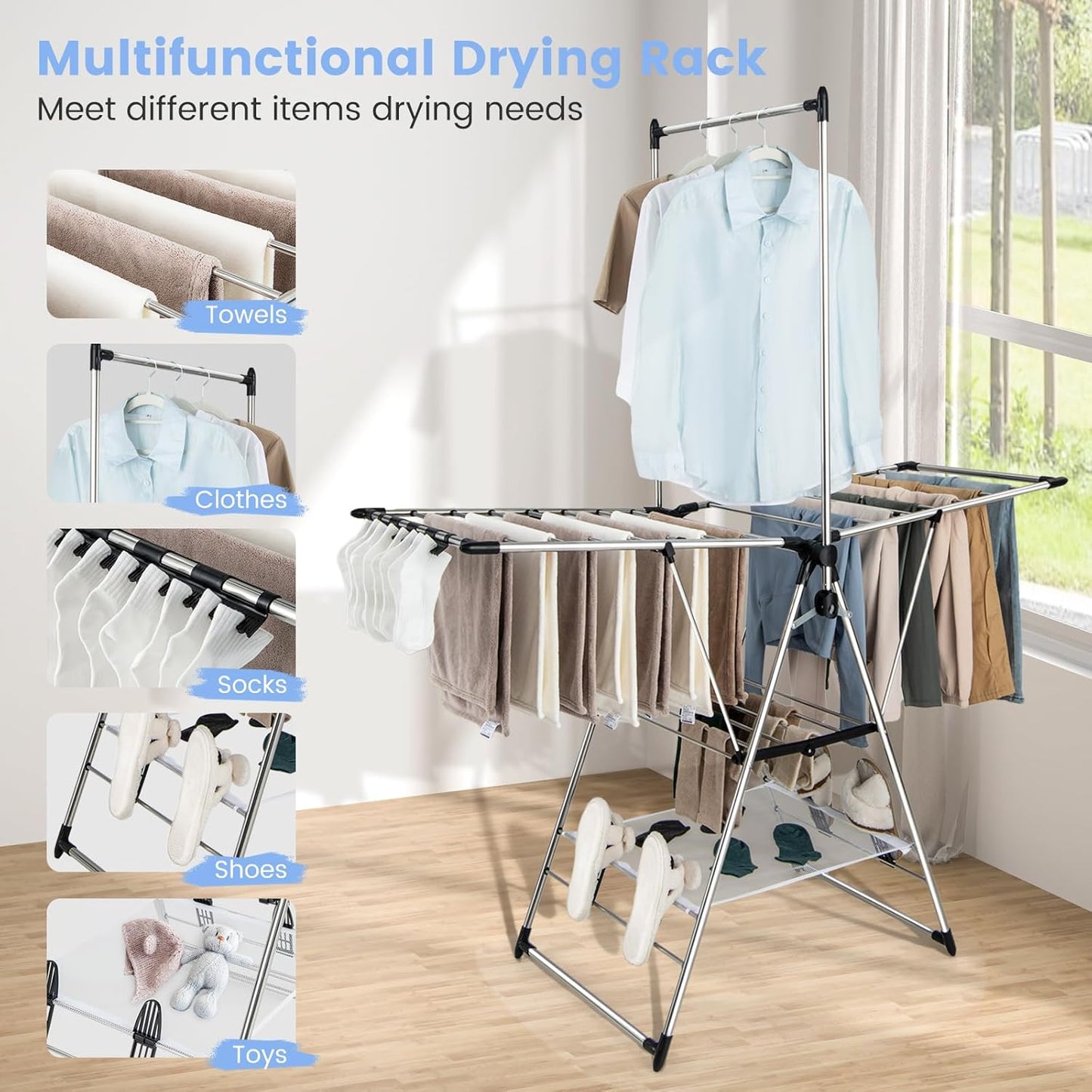Giantex Clothes Drying Rack, Foldable Laundry Drying Rack with with 6-Level Adjustable Height, High Hanger Design, Side Clips, Space Saving Collapsible Laundry Drying Rack