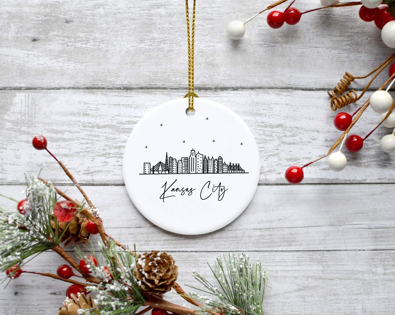 Andaz Press Round Ceramic Porcelain Christmas Tree Ornament, Kansas City Black and White Stars Skyline Graphic, 1-Pack, Birthday Family Coworker Gift, Includes Box