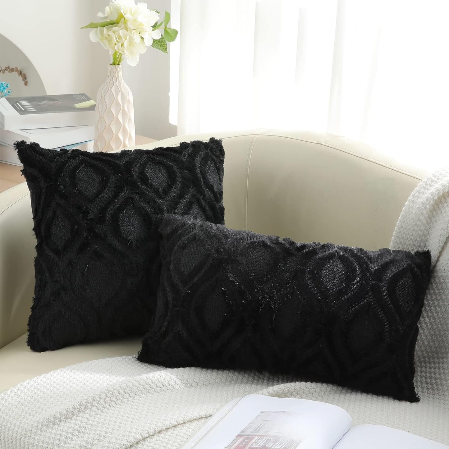 decorUhome Fall Throw Pillow Covers 22x22 Inch Set of 2, Soft Plush Decorative Faux Fur Black Solid Couch Pillow Covers, Accent Farmhouse Neutral Square Euro Pillow Cases for Sofa Bed Living Room