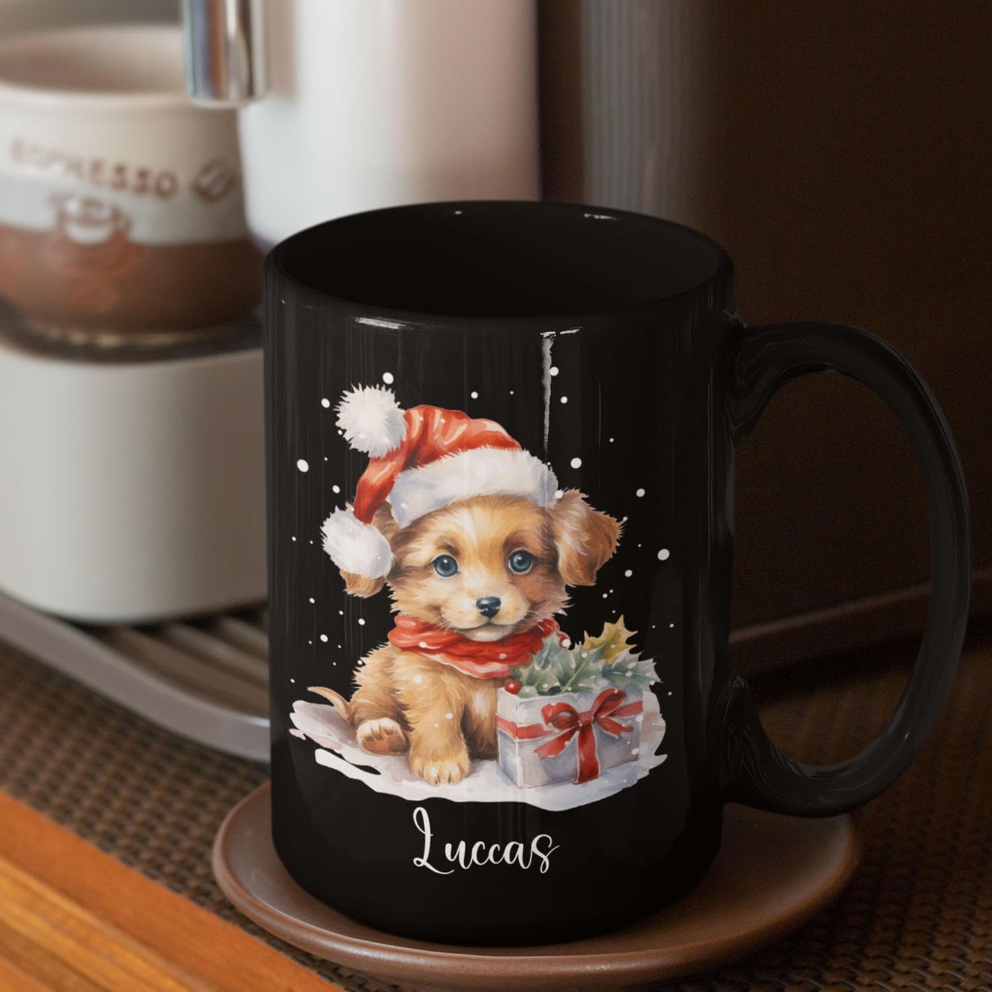 Personalized Name Christmas Puppy Cup - Novelty Coffee Mug 11oz 15oz, Customized Santa Hat Design, Custom Pet Owner Black Ceramic Cup, Gift for Christmas, Puppy Lover