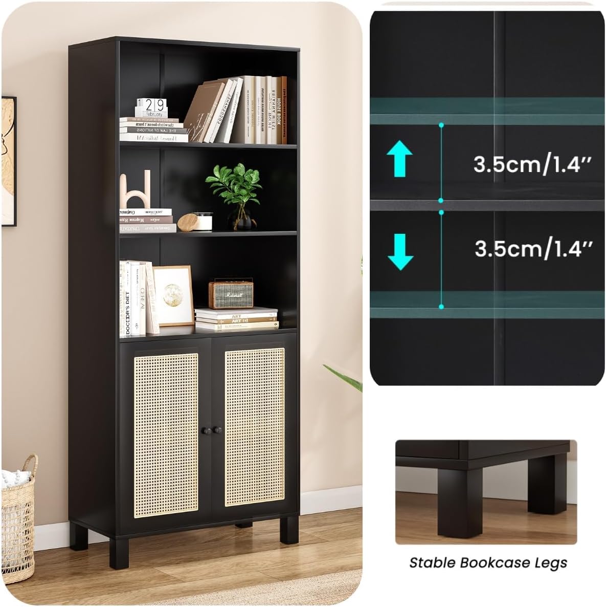 Tall Bookshelf, 5-Tier Book Shelf with 2 Rattan Doors, Freestanding Bookcase Display Shelves with Large Storage, Book Case for Living Room, Office, Study, Bedroom, 70.9 Inch