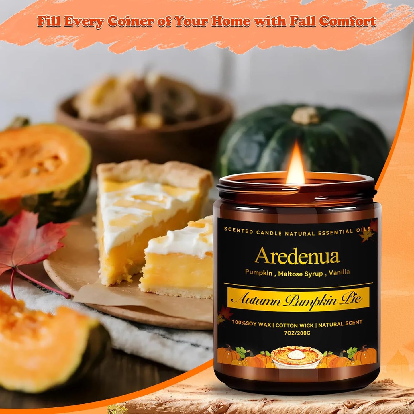 Pumpkin Pie Candle - Fall Scented Candles for Autumn, Halloween Pumpkin Candle - 7 OZ Soy Candles for Home Scented - Halloween/Thanksgiving Fall Gifts for Women Men