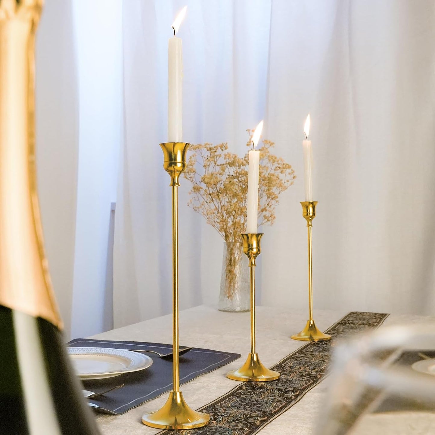 Metal Candle Holders for Candlesticks Taper Candlestick Holders Set Vintage Decorative Centerpiece Candelabra Tall Candle Stands for Halloween Thanksgiving Christmas (Gold, 2 Sets (6 pcs))