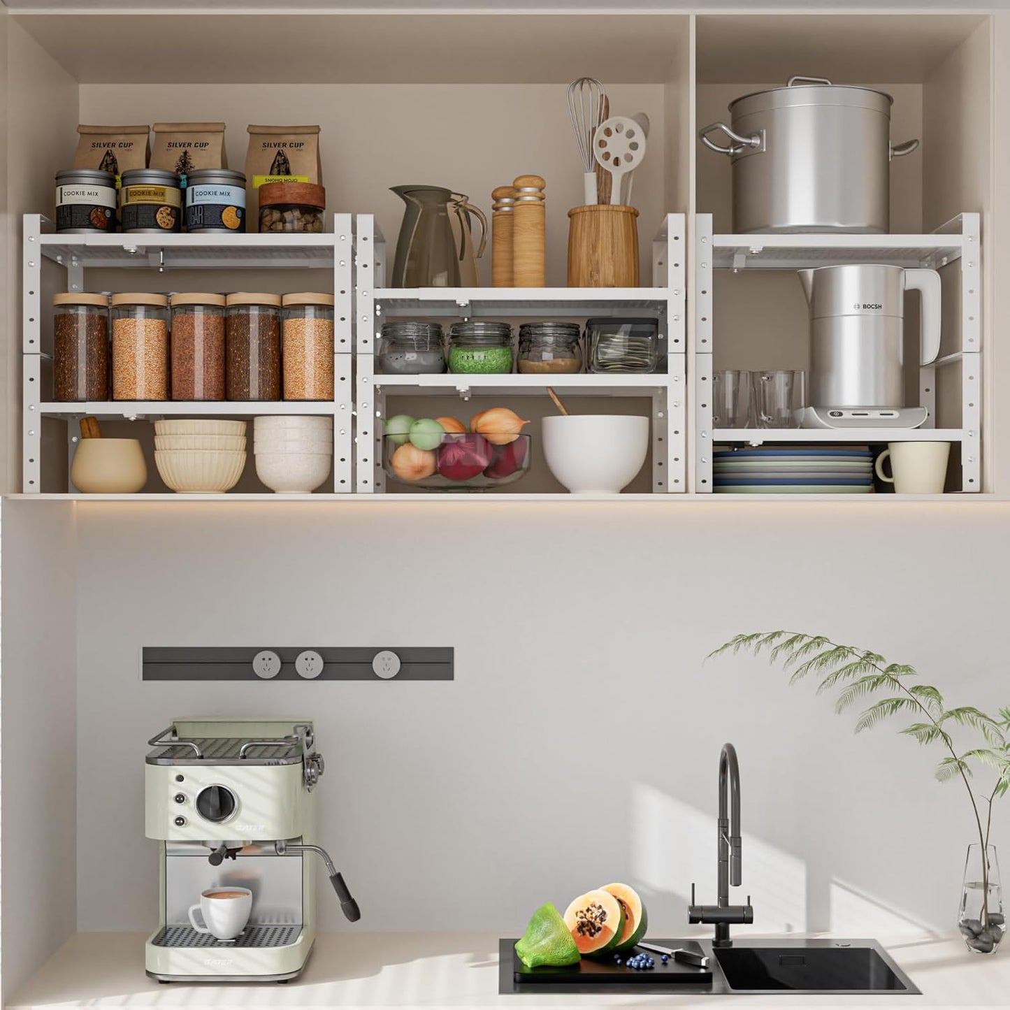 Expandable,Adjustable & Stackable Spice Rack, Cabinet Kitchen Countertop Shelf Organizer,Metal Pantry Storage Shelves - Space-Saving Storage Solution(1Pack/White/Large)