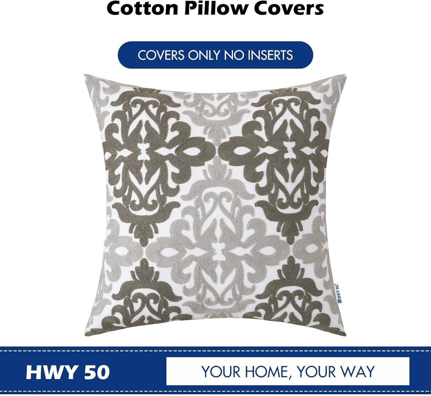 HWY 50 Grey Gray Decorative Throw Pillow Covers 18x18 Inch (1 Piece), Embroidered Cotton Farmhouse Cushion Cover Pillow Case for Sofa Couch Living Room Bed Bedroon, Floral Geometric