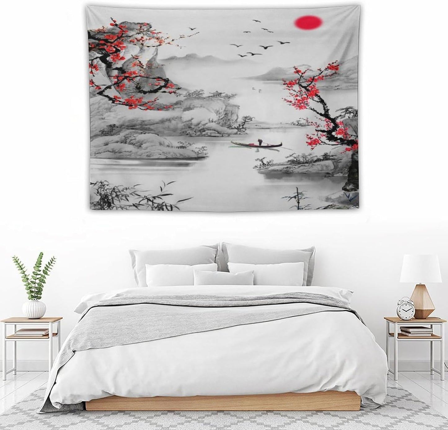 Cherry Blossoms Tapestry, Japanese Red Landscape Watercolor Abstract Art, Asian Japanese Wall Tapestry, Nature Landscape Tapestries for Bedroom Living Room Decor 40"x30"