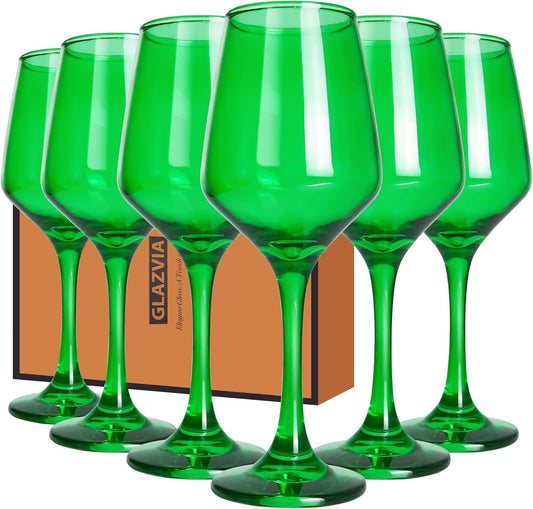 Green Wine Glasses Set of 6-14oz Long Stem Wine Glass, Pretty Crystal Glassware, Hand Blown Goblets Drinkware, Unique Stemware Wine Glass Holiday Gift Set