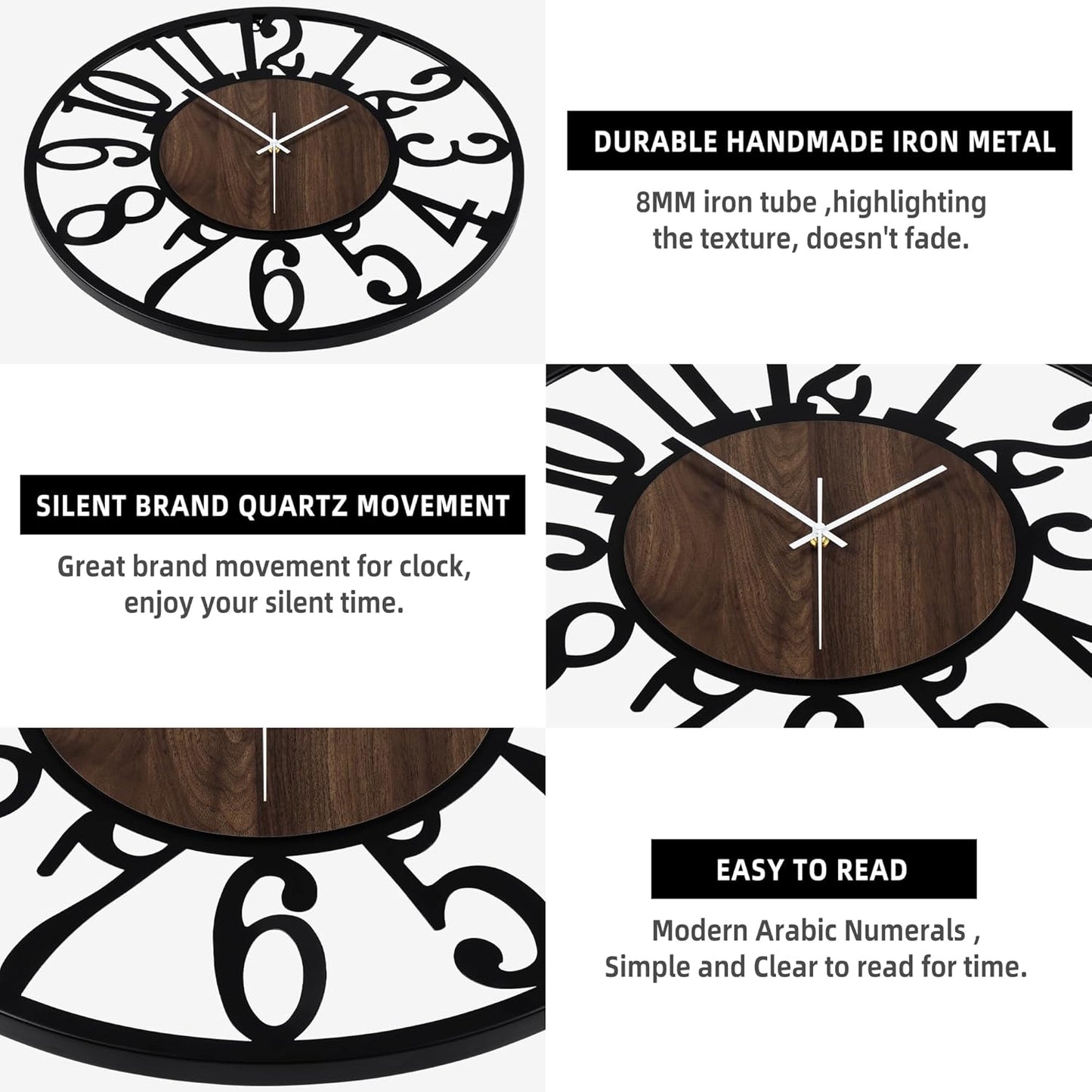 LEIKE 32" Oversized Large Wall Clocks,Silent,Non Ticking,Battery Operated Modern Round Big Wood Decorative Metal Wall Clock for Living Room, Bedroom,Kitchen,Farmhouse,Office Decor - Black,32 Inch