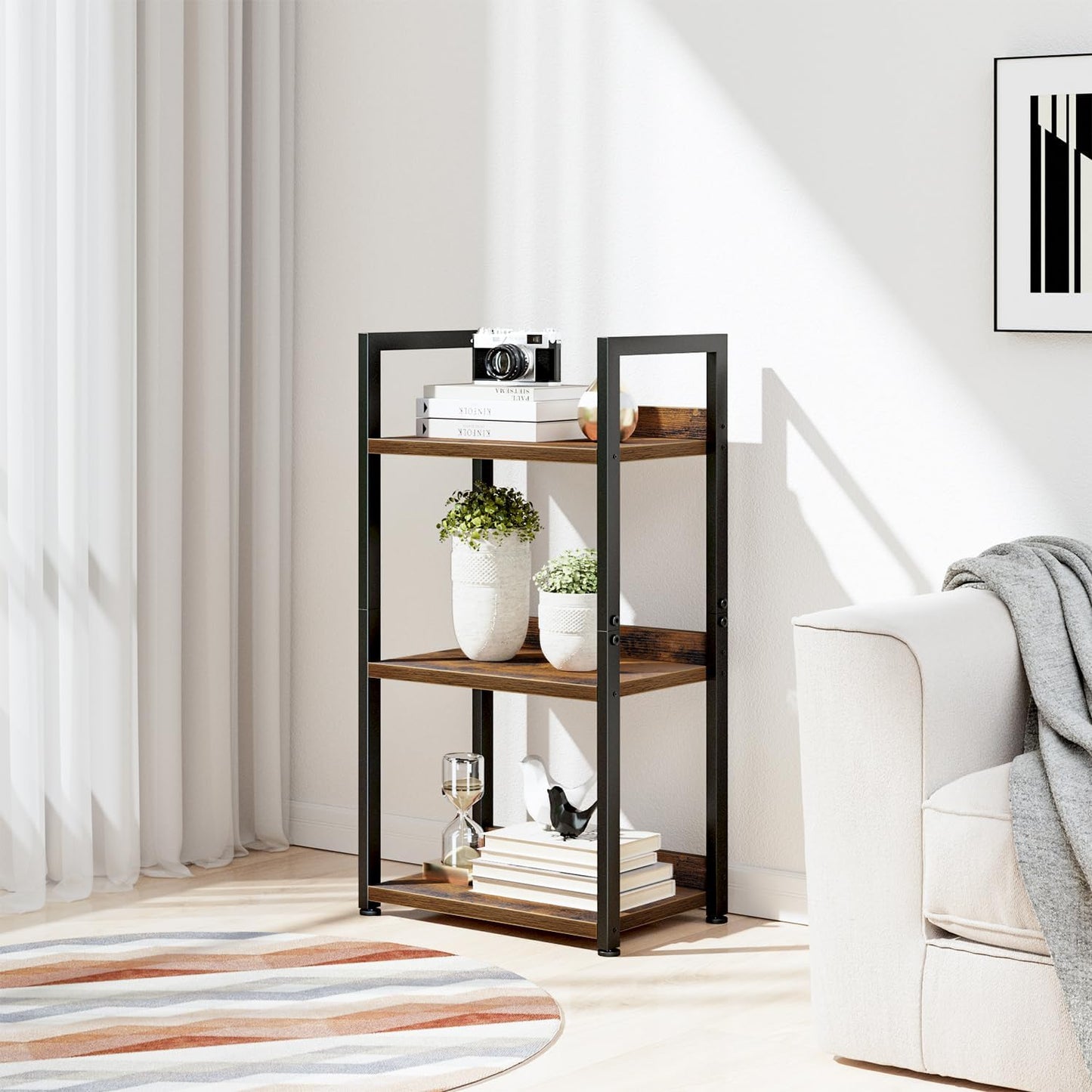 NUMENN Narrow Bookshelf, 3 Tier Bookshelves, Home Office Bookcase Shelf Storage Organizer, Free Standing Storage Shelving Unit for Bedroom, Living Room and Home Office, Vintage