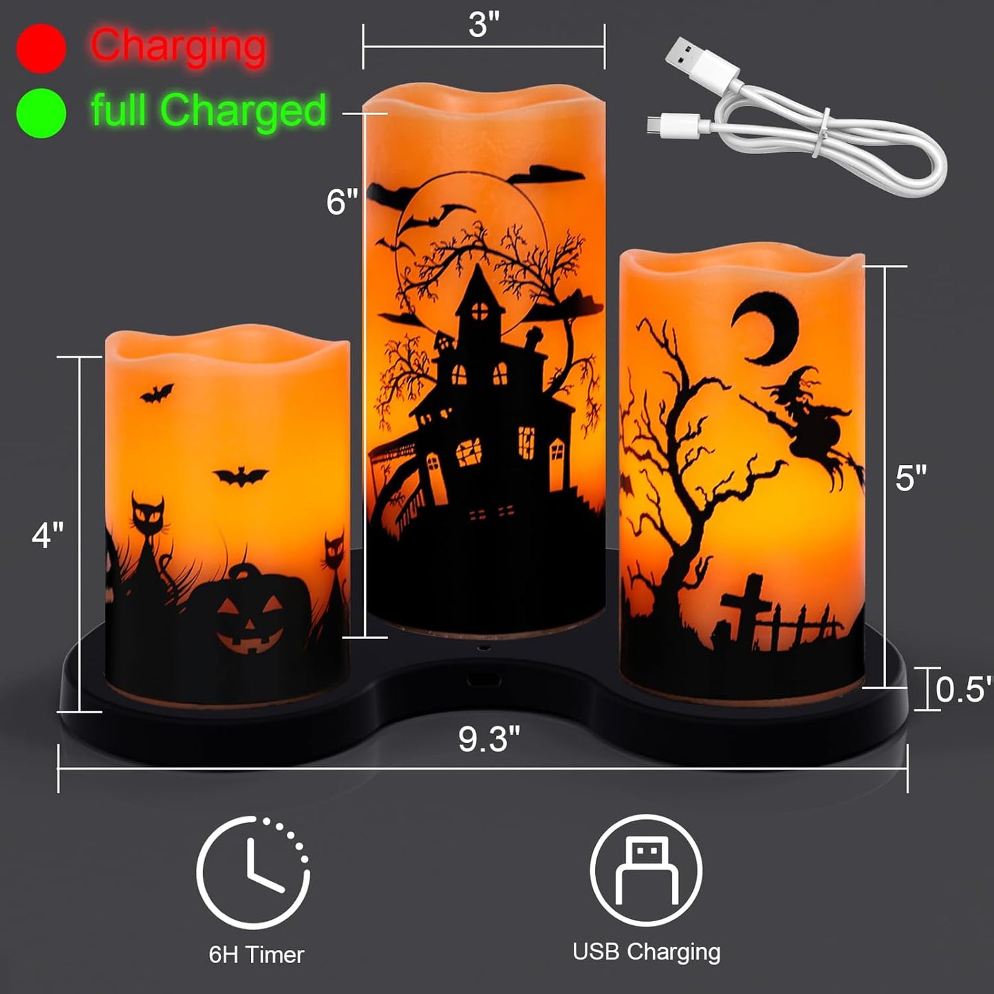 Wondise Halloween Rechargable Flickering Flameless Candles with 6H Timer, Battery Operated LED Real Wax Candles with Charging Base Set of 3 Halloween Home Decoration Gifts(3 x 4 5 6 Inch)