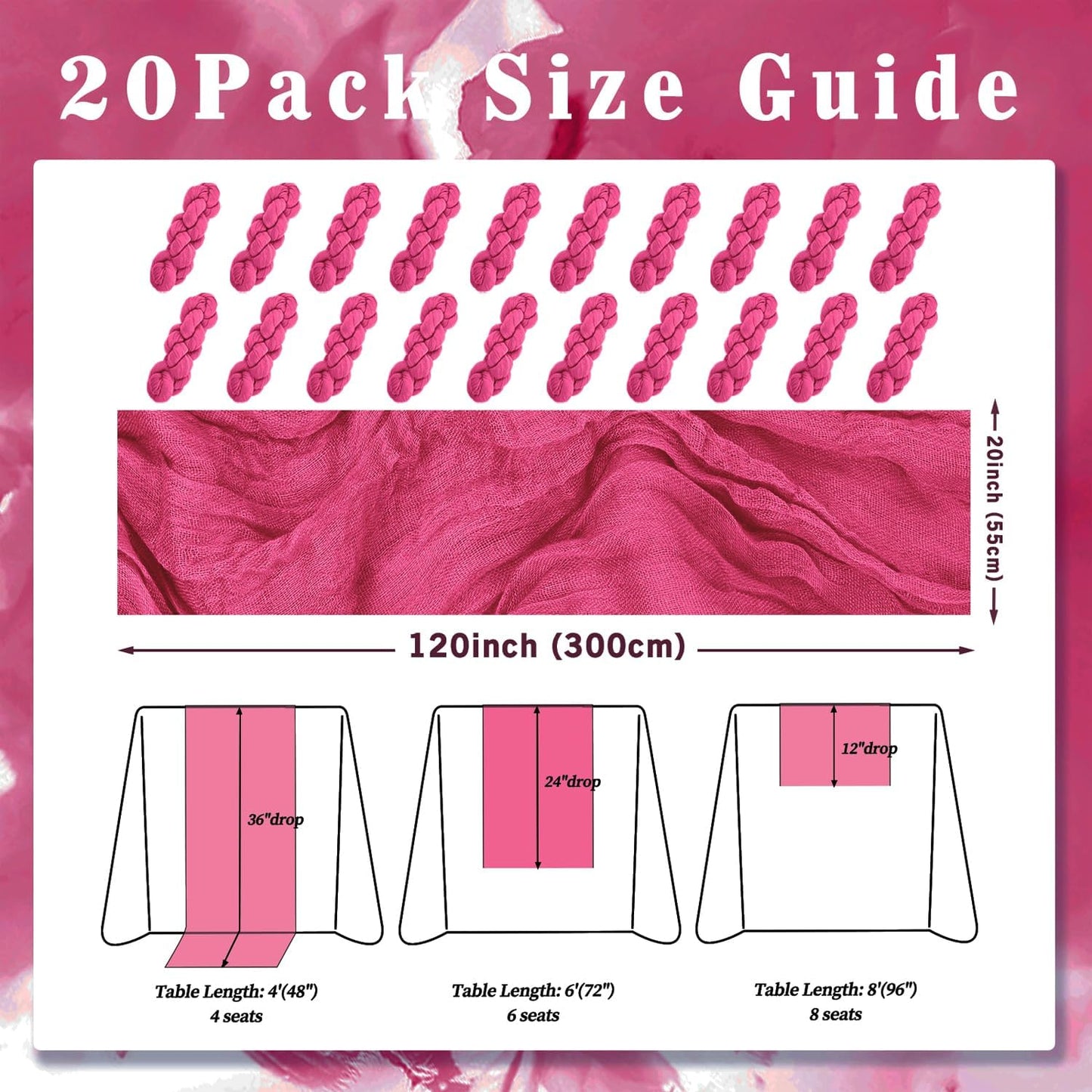 Hot Pink 20 Pack Cheesecloth Table Runner 10FT Boho Fabric Rustic Cheese Cloth Table Runner for Wedding 20 x 120 Inch Long Bridal Shower Baby Shower Gauze Sheer Birthday Party Table Decorations