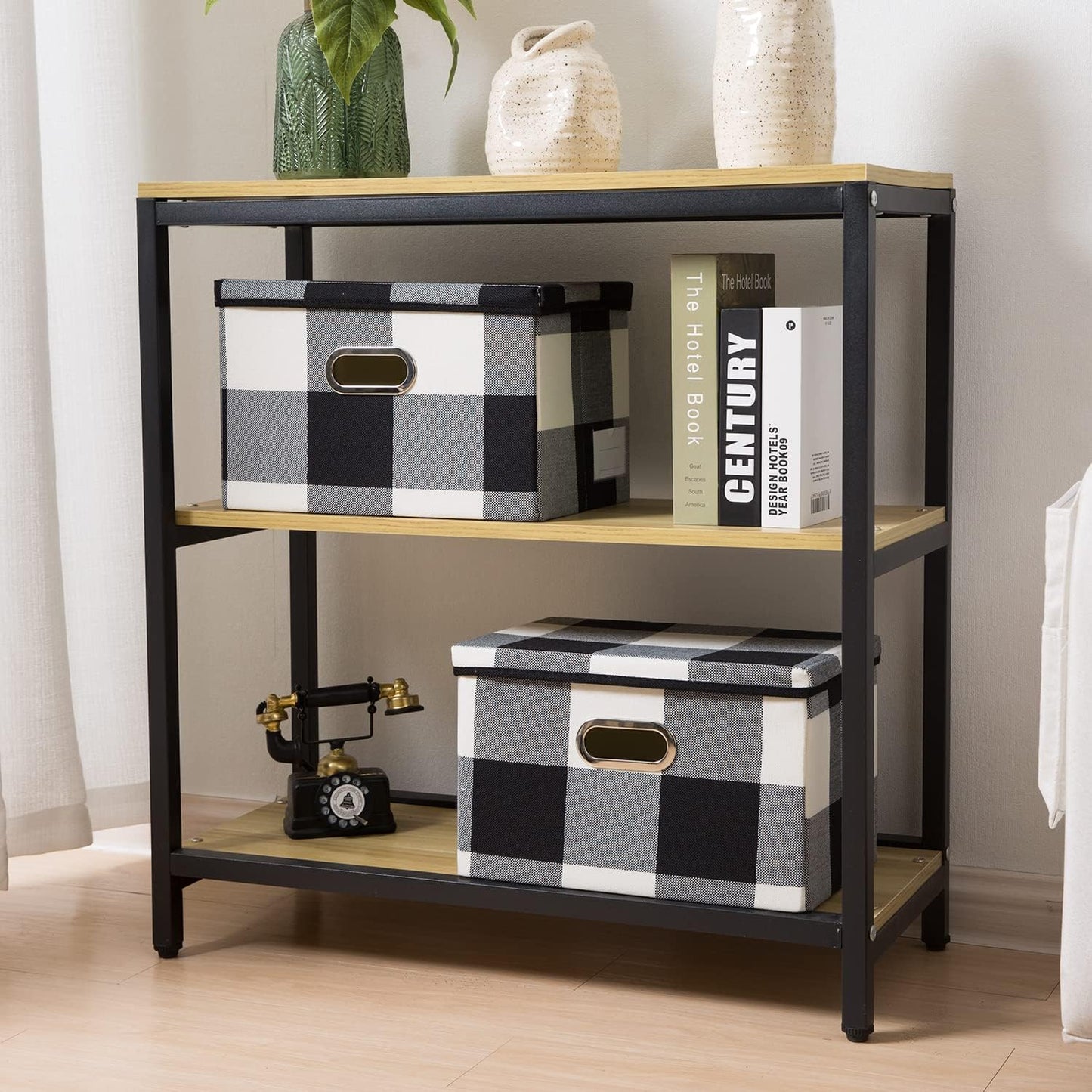 PRANDOM Collapsible Storage Bin with Lid [3-Pack] Fabric Foldable Storage Box Organizer Container Basket Cube with Cover for Home Bedroom Closet Office Nursery Black and White Grid(14.9x9.8x9.8)