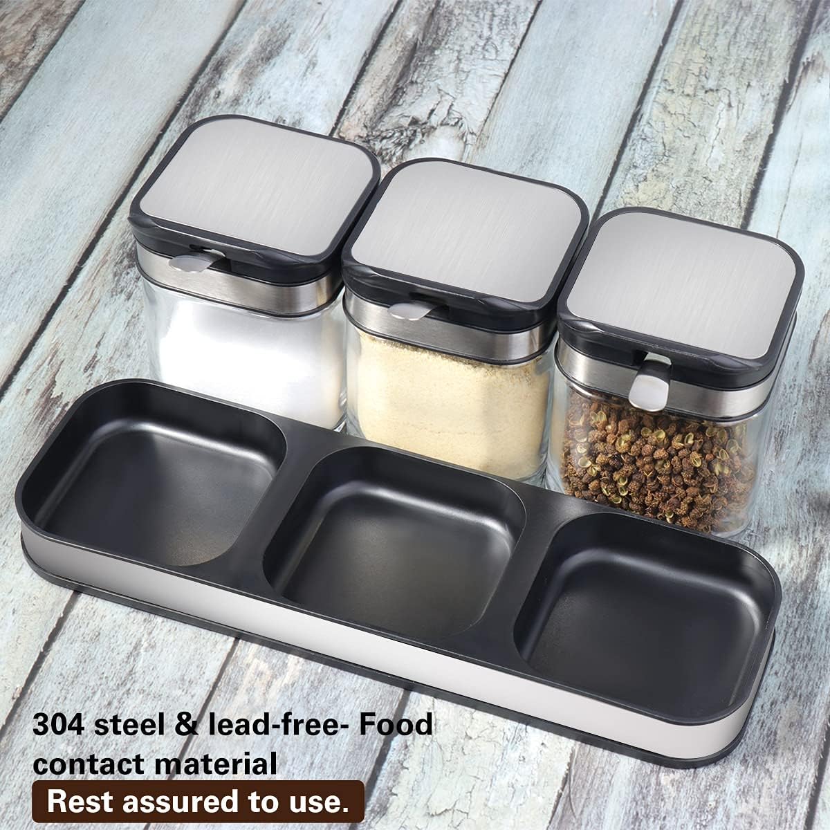 XIUDI Condiment Seal Jar Spice Container with Lids and Spoons，Clear Glass Condiment Canisters Pots Seasoning Box Salt Container Sugar Bowl Set of .Used in Kitchen, Coffee Table,Set of 3