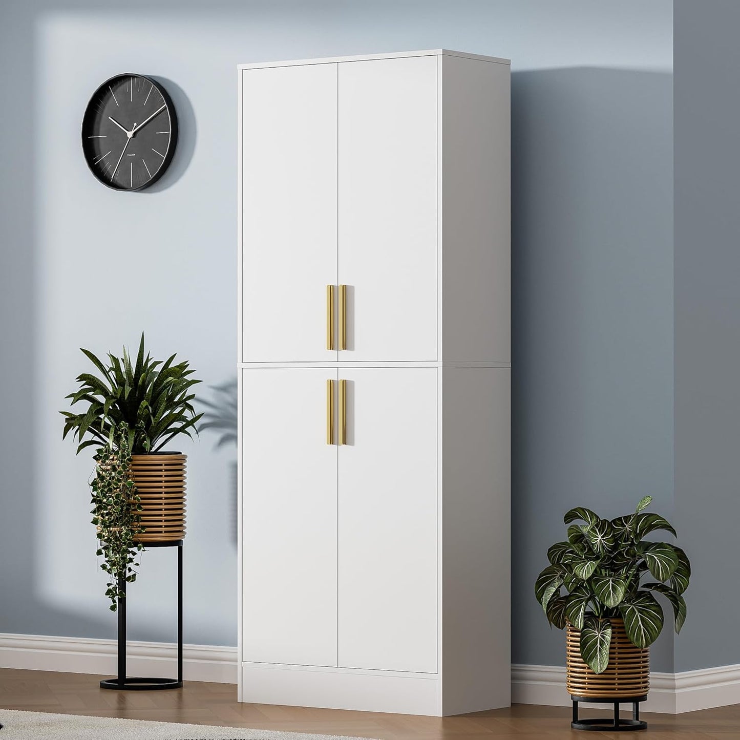 71" Tall Pantry Cabinet with 4 Doors, Kitchen Pantry Storage Cabinet, Freestanding Larder Cupboard, Kitchen Hutch with Gold Handles for Dining Room, Bathroom, White