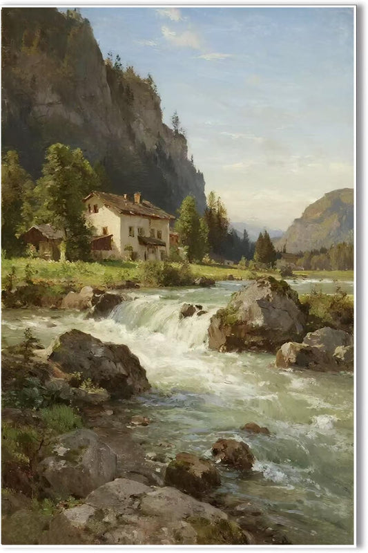 Vintage landscape rural scenery poster art farmhouse cottage wall decor living room kitchen quiet country stream suitable for bedroom bathroom